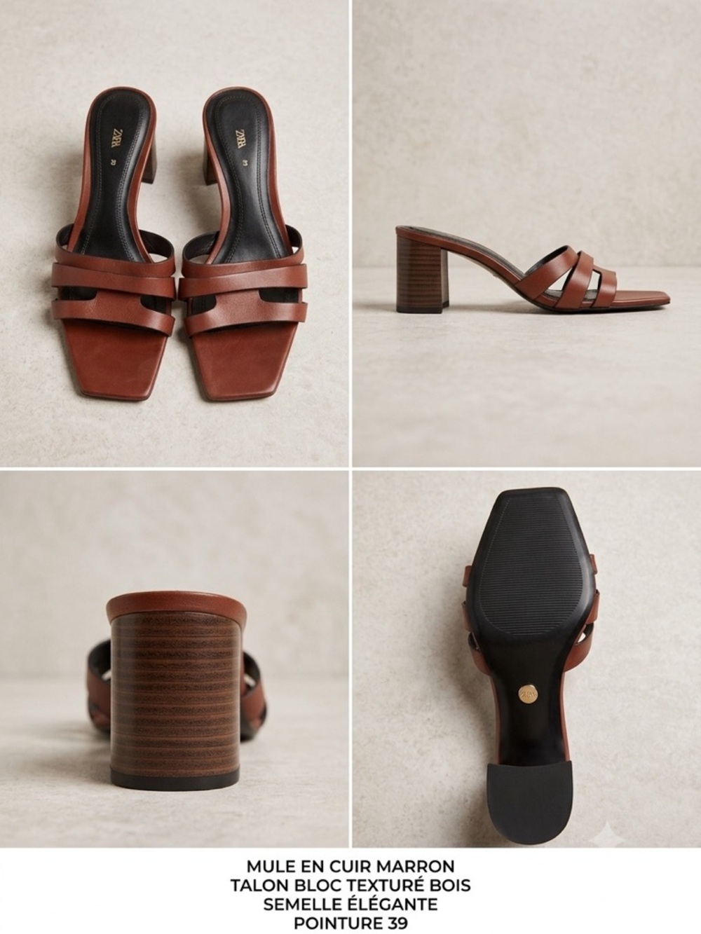 Zara Brown Leather Strappy Block Heel Mules